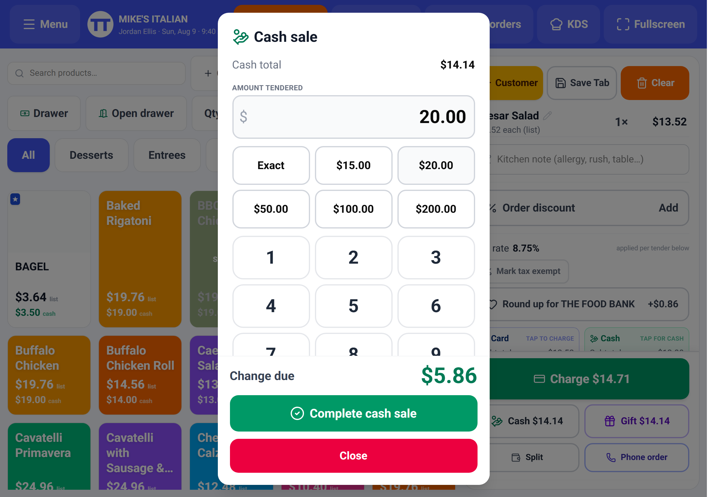 The TableTurn cash sheet with quick tenders, a keypad, and change due