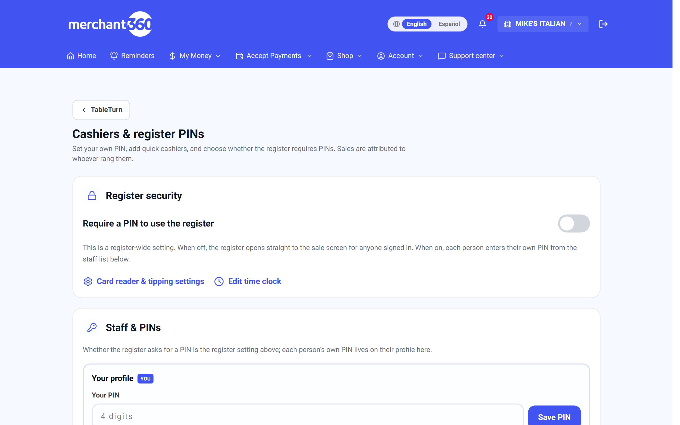 The Cashiers and register PINs page