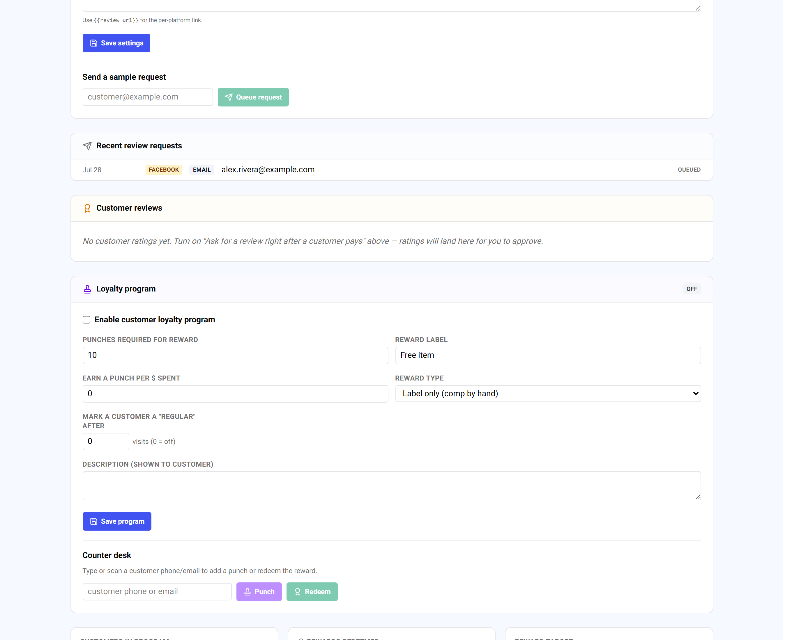 The loyalty program settings and the counter desk