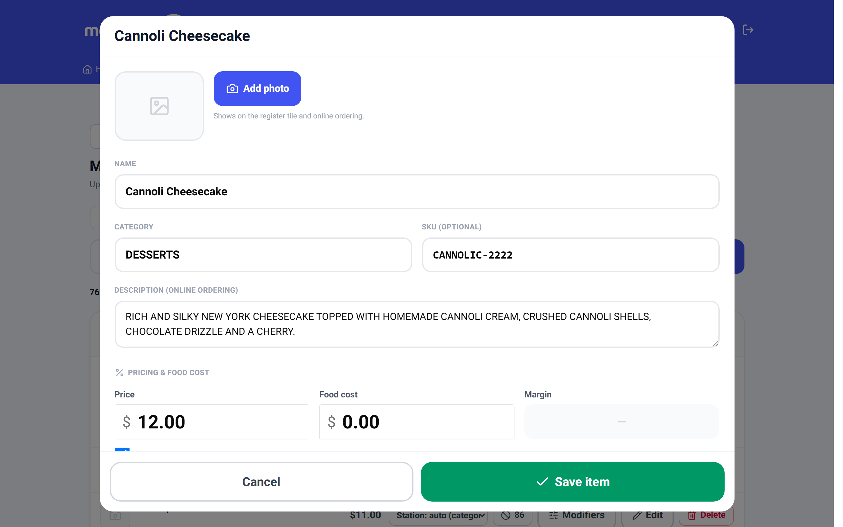 TableTurn item editor with photo, basics, pricing and food cost