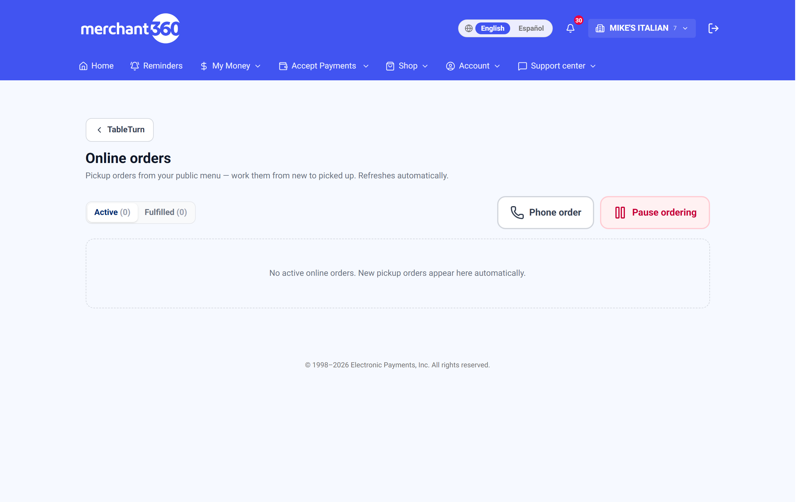 The online orders queue with Active and Fulfilled tabs