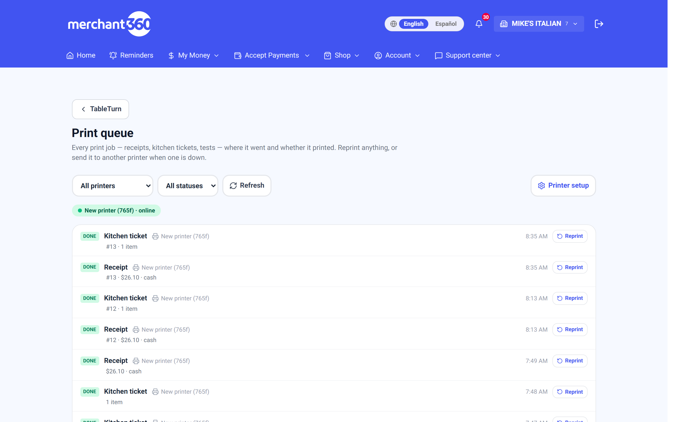 The print queue with filters, a printer health strip and per-job reprint actions