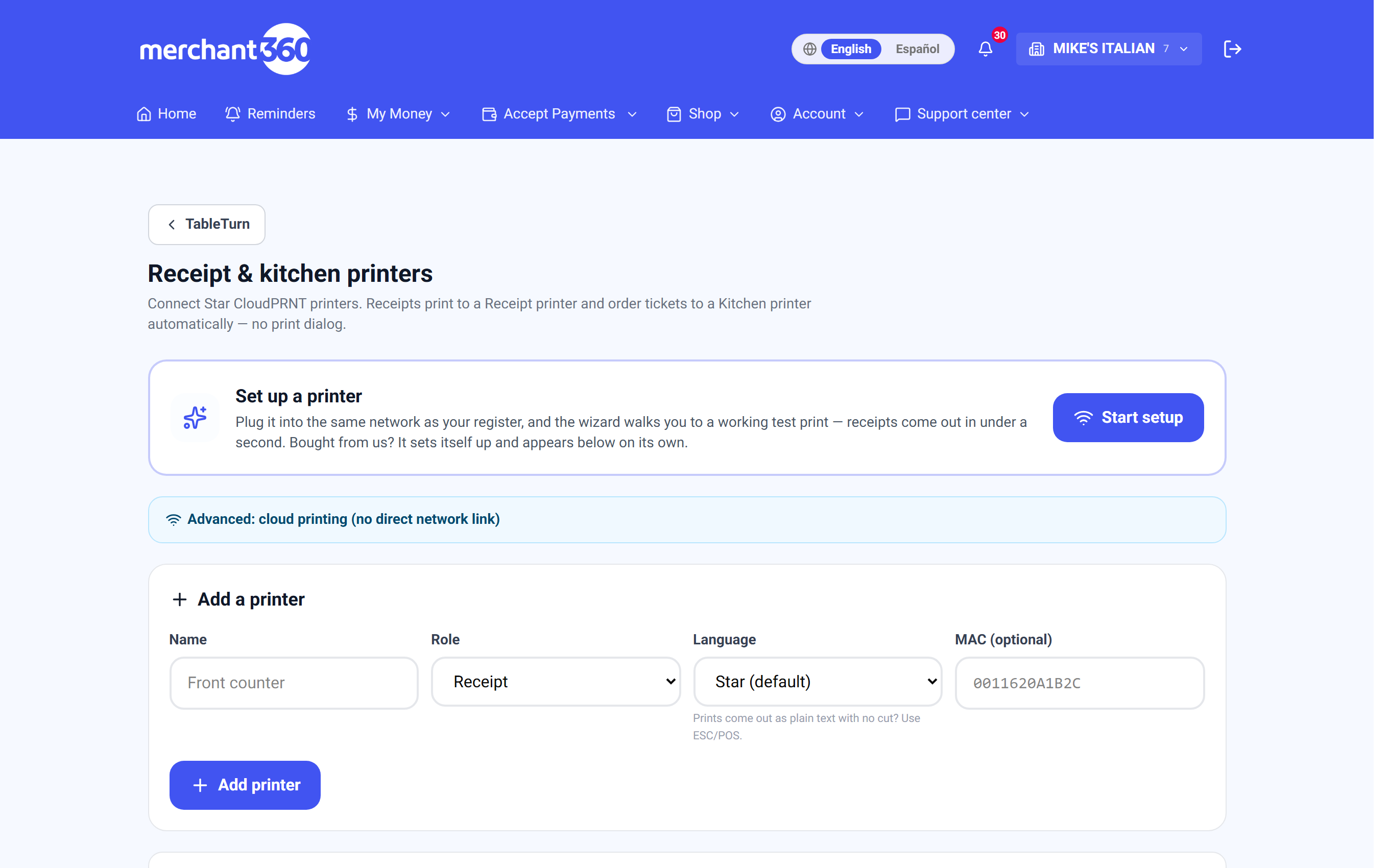 The printers page with recent print jobs