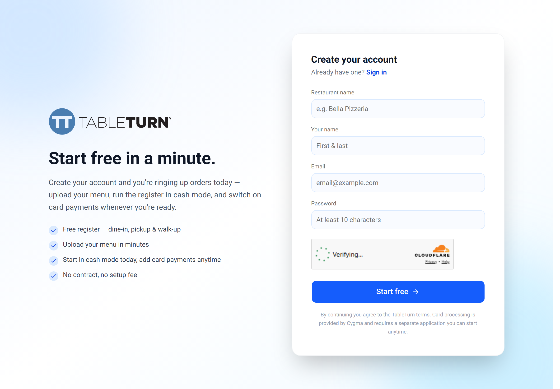 TableTurn sign-up page