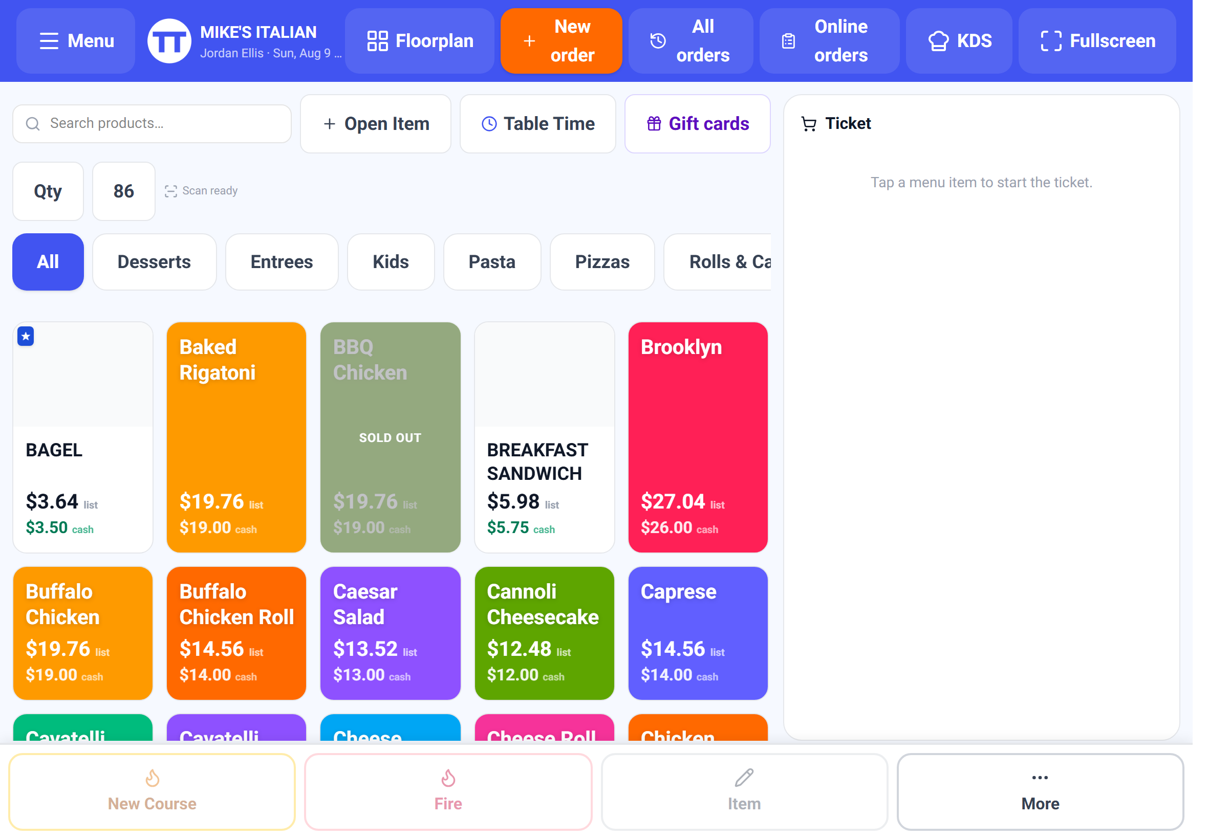 The Pay screen with the ticket on the left and two guest checks on the right
